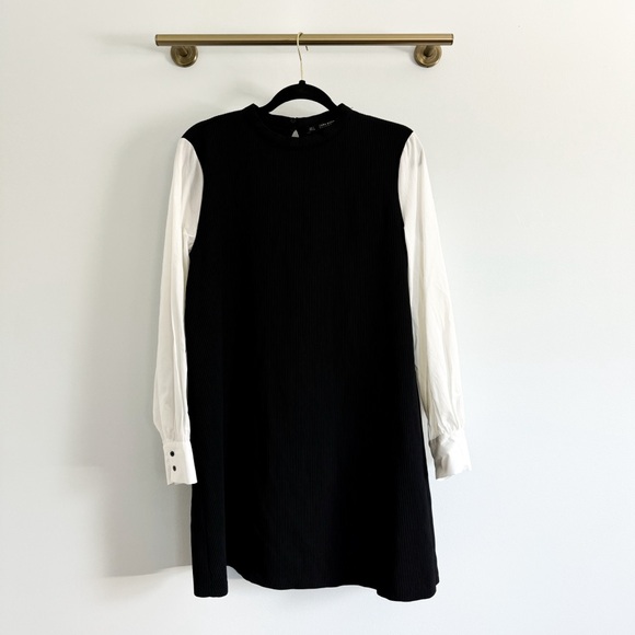 Zara Basic Collection Black Ribbed Dress Contrasting White Sleeves - Picture 3 of 8